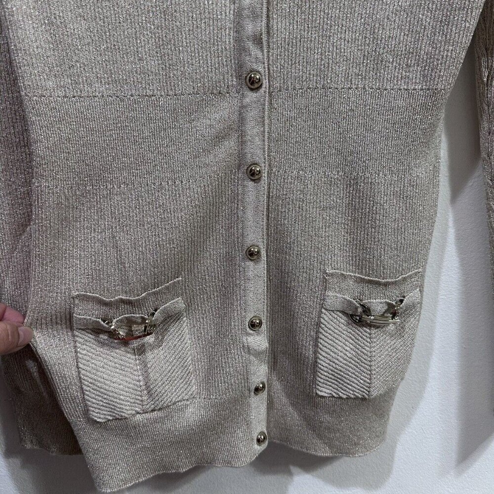 White house black market Women gold metallic sweater Long Sleeve cardigan  SZ  M - Picture 3 of 12